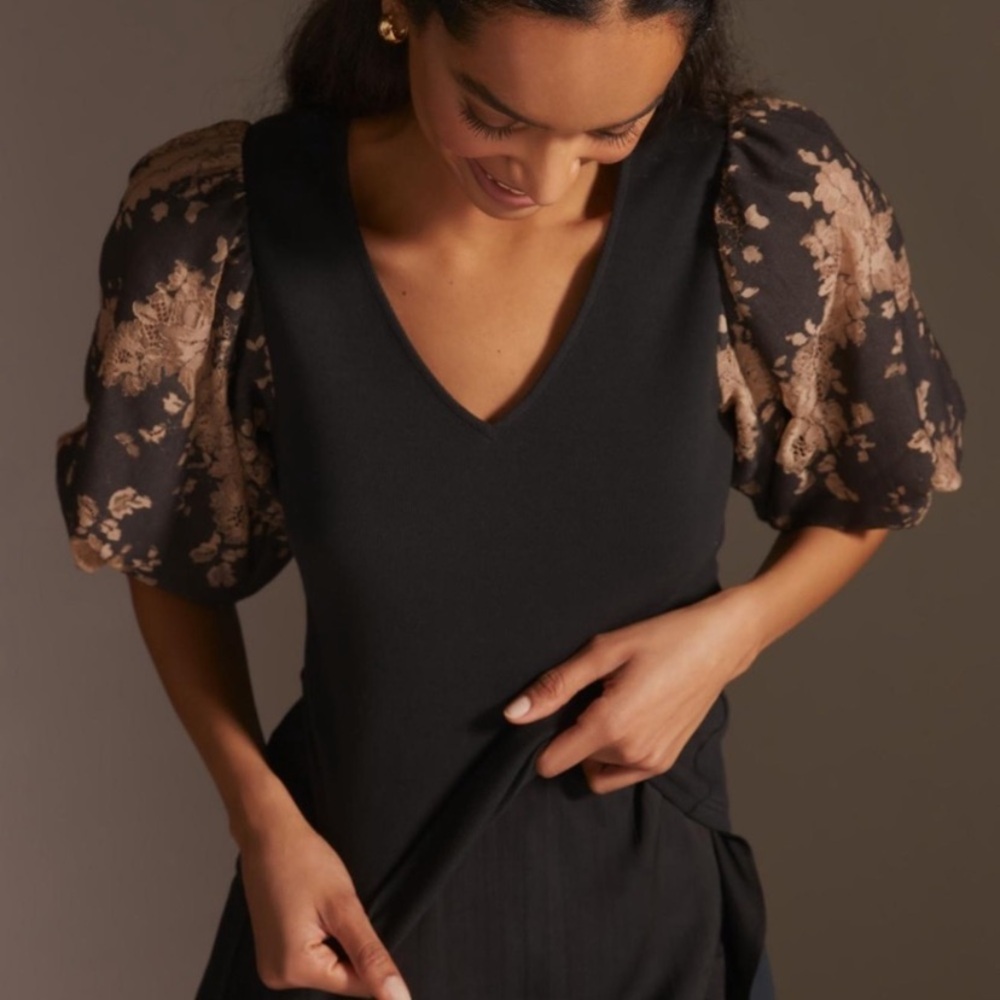 Anthropology Dolan Lace Puff Sleeve Black Top Size Large